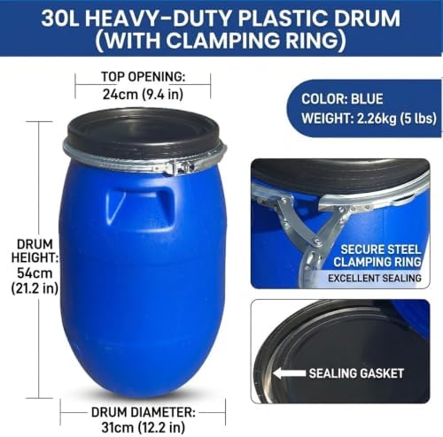Food Grade Plastic Drum Shipping Barrels Air Tight Water Barrel with Lock Ring Rain Water Collection Barrel 30 50 60 65 100 120 160 200L for Garden Basement Fermentation Storage(30L) - Image 2