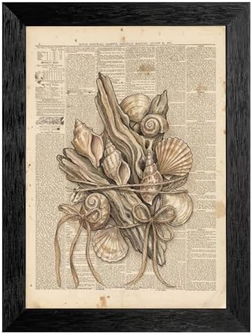 Framed Canvas Wall Art Vintage Seashells and Driftwood Muted Tones on Newspaper Print Canvas Print Poster Black Frame Wall Decor for Living Room Coastal Art, Ocean Decor - 12x16 Inch by Unknown