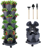 DUNCHATY Stackable Planter, Vertical Garden Planter with Wheels and Tools, Self Watering Strawberry Planter Indoor/Outdoor 7 Tier Herb Planter Pots for Growing Vegetables and Succulents, Dark Gray by DUNCHATY