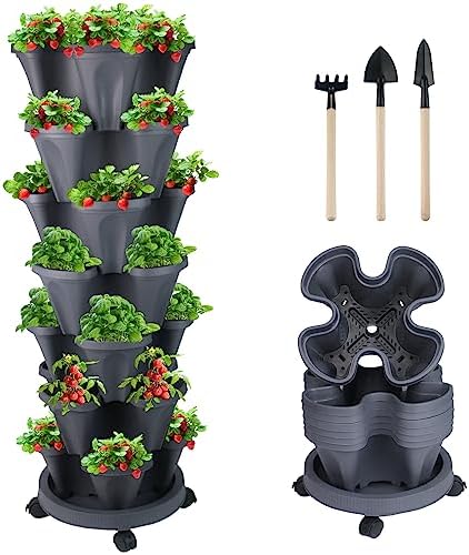 DUNCHATY Stackable Planter, Vertical Garden Planter with Wheels and Tools, Self Watering Strawberry Planter Indoor/Outdoor 7 Tier Herb Planter Pots for Growing Vegetables and Succulents, Dark Gray by DUNCHATY