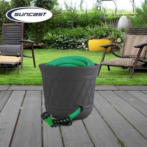 Suncast 4 Pack 14" x 12" Round Resin Decorative Weatherproof Outdoor Hideaway Standard Garden Hose Storage Pot with Drainage Holes, Gray - Image 4