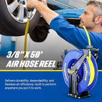 GOODYEAR Air Hose Reel Retractable 3/8" Inch x 50' Feet Long Premium Commercial SBR Hose Max 300 Psi Reinforced Steel Construction Heavy Duty Spring Driven Industrial Dual Arm & Pedestal - Image 2