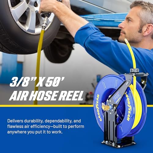 GOODYEAR Air Hose Reel Retractable 3/8" Inch x 50' Feet Long Premium Commercial SBR Hose Max 300 Psi Reinforced Steel Construction Heavy Duty Spring Driven Industrial Dual Arm & Pedestal - Image 2