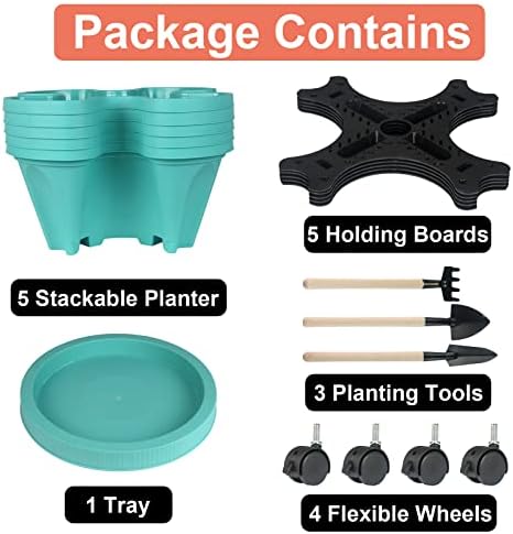GameXcel Vertical Planter Tower - 5 Tier Stackable Garden Planters with Wheels and Tools Plant Pots for Strawberry Herb Flower and Vegetable Indoor Outdoor Use Teal - Image 7