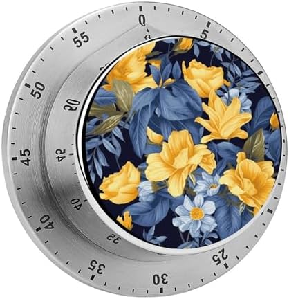 Mechanical Kitchen Timers for Cooking,Blue Base Yellow Floral Printed 60 Minute Magnetic Countdown Timer,Cute Cooking Timers with Alarm,Stainless Steel Time Timer Manual No Batteries Required by Unknown
