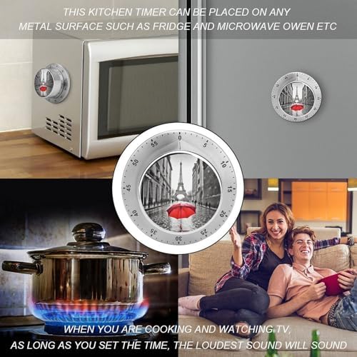 Mechanical Kitchen Timers for Cooking,Eiffel Tower Red Umbrella Printed 60 Minute Magnetic Countdown Timer,Cute Cooking Timers with Alarm,Stainless Steel Time Timer Manual No Batteries Required - Image 4