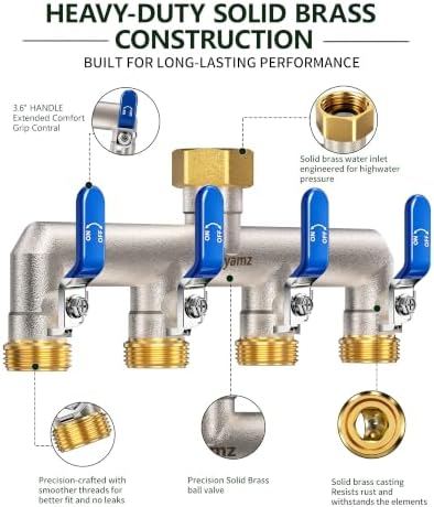 4-Way Garden Hose Splitter, Heavy-Duty Brass, 3/4" GHT, Blue - Image 2