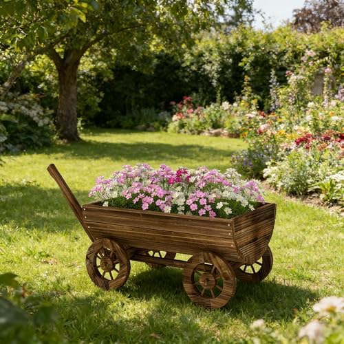 Wooden Wagon Garden Planter with Wheels, 45 Inch, Carbon by Noeko