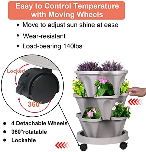 DUNCHATY Stackable Planter, Vertical Garden Planter with Wheels and Tools, Self Watering Strawberry Planter Indoor/Outdoor 3 Tier Herb Planter Pots for Growing Vegetables and Succulents,Gray - Image 5