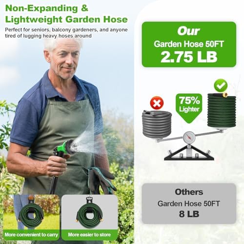 Garden Hose 50ft, Non-Expanding Water Hose with 10 Function Nozzle - Image 2