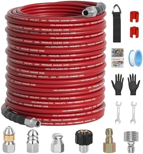 200FT Sewer Jetter Kit for Pressure Washer 5800PSI,1/4" NPT Drain Jetter Hose with 1/4" Quick Plug，3 Sewer Jet Nozzles，Spanners Teflon Tape Gloves and Spray Nozzle for Cleaning by VividWash