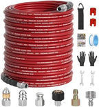 200FT Sewer Jetter Kit for Pressure Washer 5800PSI,1/4" NPT Drain Jetter Hose with 1/4" Quick Plug，3 Sewer Jet Nozzles，Spanners Teflon Tape Gloves and Spray Nozzle for Cleaning by VividWash