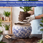 Geetery Ceramic Planter Pot Large 11 Inch Round Plant Pot with Drainage Hole Crackle Glaze Vintage Farmhouse Planter Flower Vase for Indoor Outdoor Home Kitchen Garden Decor (Chinoiserie, Blue, Large) - Image 7