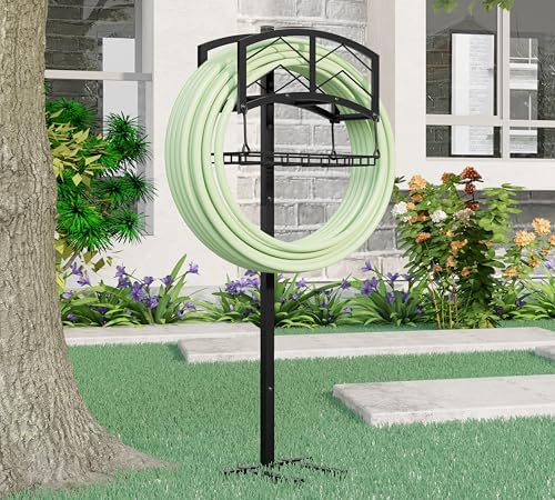 Kingson Portable Garden Hose Holder with Storage Basket - Heavy-Duty Black Steel Construction, Holds 150FT Hose, Freestanding & Detachable Design with Tools for Easy Assembly - Image 7