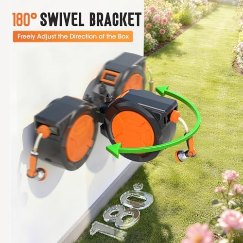 Retractable Garden Hose Reel 1/2" 100ft, 2-in-1 Wall Mount & Portable Auto Rewind Water Hose Reel with Any Length Lock & 180° Swivel, Heavy Duty Outdoor Hose Storage for Garden, Patio and Car Washing - Image 4
