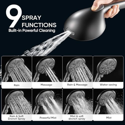 Cobbe 9 Spray Modes Handheld Shower Head, Water-Saving, Matte Black - Image 2