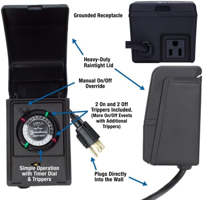 Intermatic HB11K Heavy-Duty Outdoor Plug-in Timer – 2 ON/2 Off Settings, 30-Min Minimum Intervals, Weatherproof Flip Cover, 15A/1800W, 1 HP Rated, 13" Cord – Ideal for Pool Pumps, Lights, Decorations - Image 4