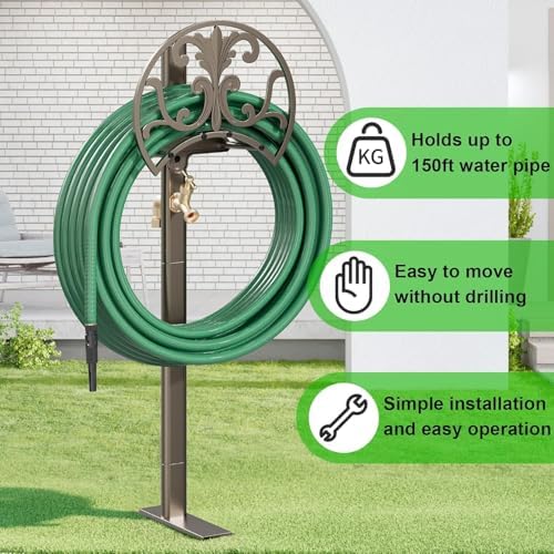 Heavy Duty Freestanding Garden Hose Stand with Brass Faucet, Weather Resistant Metal Hose Holder, Detachable Decorative Hose Storage Rack Holds 150FT Hose for Patio Lawn Yard Outdoor - Image 6