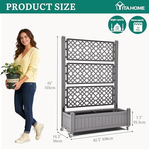 YITAHOME 43.3x17.7x61 in Planter Boxes Outdoor with Trellis, Resin Raised Garden Bed with Wheels & Drain Plug for Climbing Plants, Weather-Resistant Design Elevated Garden Bed with Trellis, Brown - Image 6