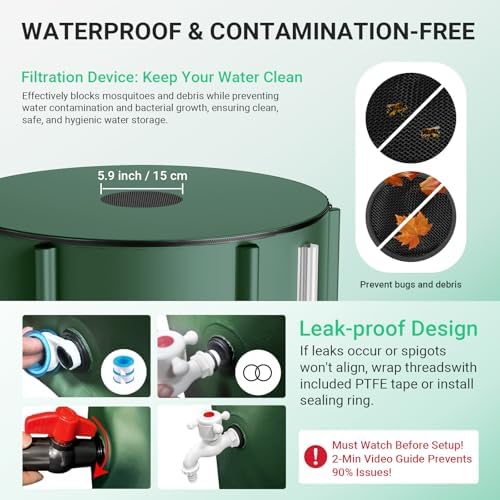SKM Collapsible Rain Barrel, Anti-Leak 1000D 3-Layer PVC, 53 Gallon, Green - Image 5