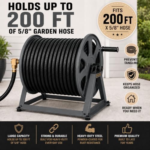 Dual Floor and Wall Mounted Garden Hose Reel, Holds 200ft of Water Hose, Heavy Duty Metal Hose Reel, Space Saving Hose Reel Organizer for Yard, Garage & Shed (Graphite) - Image 4