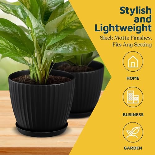 Black 6-Inch Plant Pots with Drainage & Saucers 24 Pack, Indoor & Outdoor Planters for Houseplants, Herbs, and Flowers, Durable & Weatherproof Material, Stackable, Lightweight, Minimalist Design - Image 3