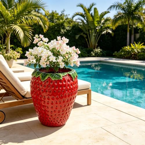 15' Strawberry Shaped Planter Pot, 15 Inch Decorative Flower Pot, Red - Image 6