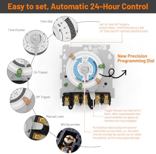 New T104M Mechanical Timer Switch (Mechanism Only), 24-Hour Heavy-Duty Timer Switch for Pool Pumps, 208V-277V 40A DPST, with High-Contrast White Dial, 4 Pairs of Trippers Included - Image 6