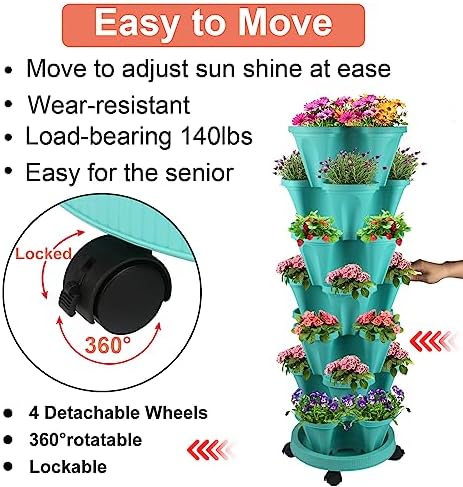DUNCHATY Stackable Planter, Vertical Garden Planter with Wheels and Tools, Self Watering Strawberry Planter Indoor/Outdoor 7 Tier Herb Planter Pots for Growing Vegetables and Succulents, Teal - Image 2