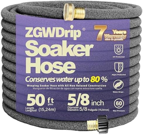 50FT 5/8" Water-Saving Soaker Hose with Solid Brass Connectors, High-Flow Drip Irrigation for Lawn & Landscaping by Unknown