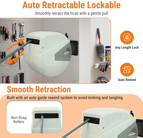 Retractable Air Hose Reel, 3/8" x 80FT Hubrid Air Hose, 300PSI Max, Auto-Rewind & Length-Lock, Ceiling/Wall Mount Enclosed PP Reel with 180° Swivel Bracket for Workshop/Garage - Image 3