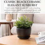 MyGift 7 Inch Black Ceramic Sunburst Planter Pot with Attached Saucer - Image 2
