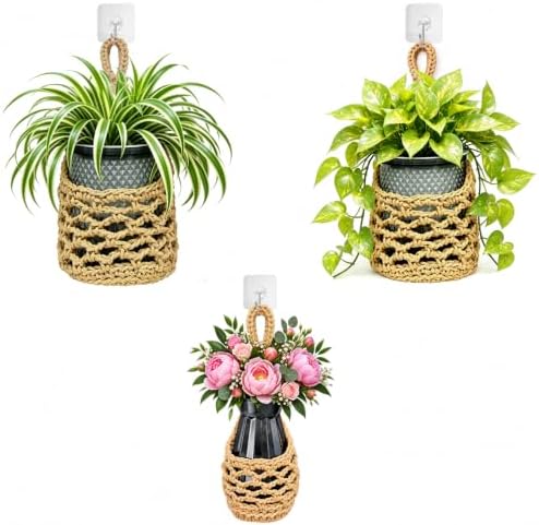 ESOW Hand‑Woven Macrame Wall Hanging Planters with Plant Pots, 3 Pack by ESOW