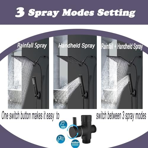 12" High Pressure Square Rain Shower Head and 2-in-1 Hand Shower, Rainfall Showerhead with 13" Shower Arm, Equipped with 78" Hose, Adhesive Shower Head Holder (Square Shower Head Set Black) - Image 3