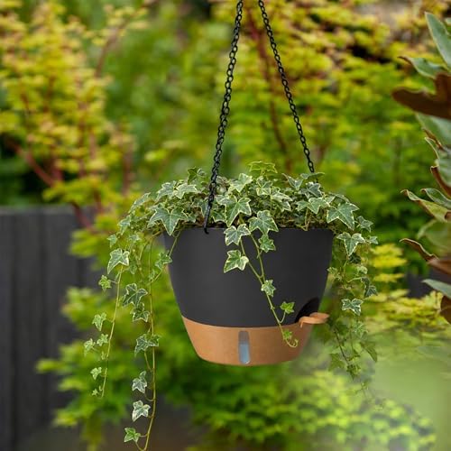 ZMTECH 12 Inch Large Self Watering Hanging Planters for Indoor Outdoor Plants - Water Level Indicator & Removable 60 Oz Reservoir, 1 Pack Plastic Hanging Basket for Window Porch Garden Balcony, Black - Image 2