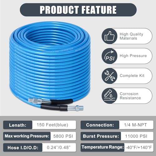 150FT 1/4-In Sewer Jetter Kit, 5800 PSI Pressure Washer Drain Cleaner Hose - Image 4