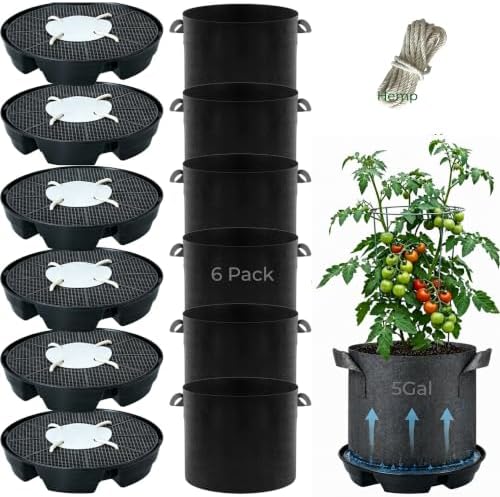 6 Pack Self-Watering Plant Pot Bases with 5 Gallon Grow Bags, Bottom Watering Plant Saucers with Wicking Irrigation System, Auto Watering Planter Kit for Indoor Outdoor Greenhouses Grow Tents Gardens by HodoSuper