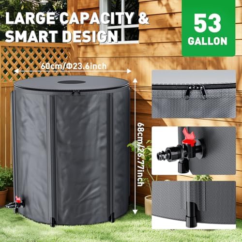 Yesker Collapsible Rain Barrel, 53 Gallon Portable Rainwater Collection System, 550D PVC Water Storage Tank, Rain Catcher with Spigots Filter Overflow Kit, Grey - Image 3