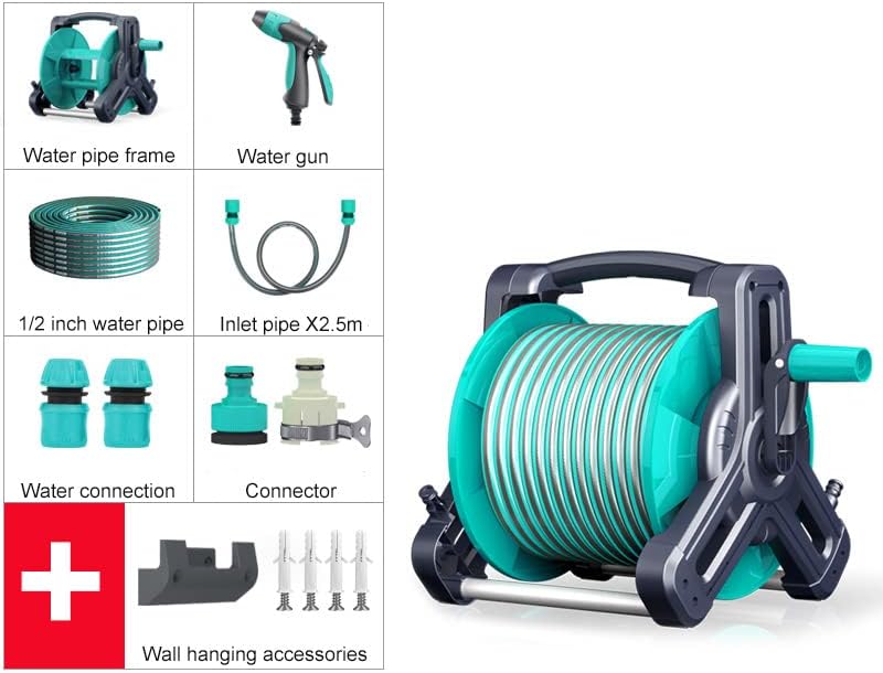 Garden Mobile Hose Reel with Water Pipe, Wall/Floor Mounted Water Hose Holder with Crank Handle, Portable Hose Storage Stand Water Pipe Rack, for Outside Gardening Car Cleaning Watering - Image 2