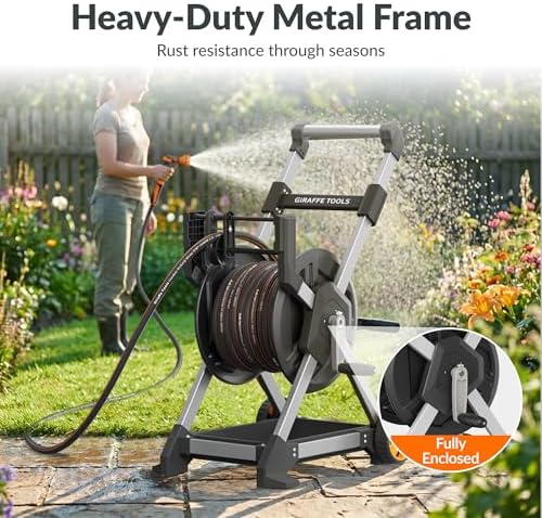 Giraffe Tools Garden Hose Reel Cart, 125FT 5/8" Hose Capacity, Heavy Duty Water Hose Reel with Wheels, 5ft Leader Hose, Retractable Hose Guide with Crank, for Yard Lawn Garage - Image 2