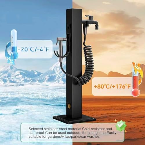 304 Stainless Steel Outdoor Vertical Square Garden Water Column, Freestanding Hose Stand with 2 in 1 Double Brass Faucet and Spray Gun, Black Yard Hydrant for Backyard and Irrigation (Black, 23.6 in) - Image 5