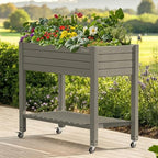 DWVO Raised Garden Bed Kit, 3.6 x 1.5 x 2.8 FT Outdoor Plastic Planter Box with Wheels and Legs, Garden Box with Drain Plug & Storage Shelf for Planting Vegetables, Flowers, and Herbs, Light Brown by DWVO