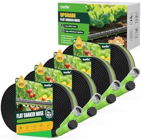 RAINPOINT 200FT Flat Soaker Hose for Garden (50FT x 4 Pack), Flexible & Leakproof Drip Hose with Anodized Aluminum Fittings, Double Layer 80% Water-Saving Irrigation Hose, Green by RainPoint