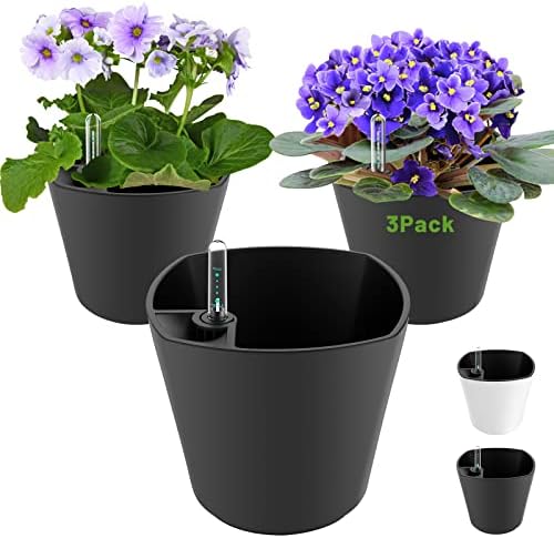 Self Watering Planters for Indoor Outdoor Plants 7 inch Flower Pot with Water Level Indicator Grey 3 Pack African Violet Self Watering Pots for All Orchid agave etc. House Plant Plastic Planter by GsGardenSpecialty