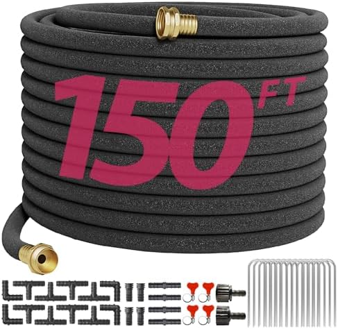 Soaker Hose 150FT 1/2 Inch Premium Kit with Solid Brass Connectors & Stakes, for Deep Root Watering in Flower Beds & Landscaping by Araiozora