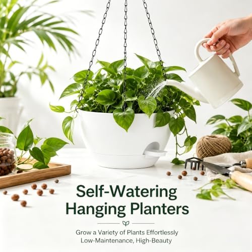 12 Inch Self Watering Hanging Planters 2 Pack, White - Image 4