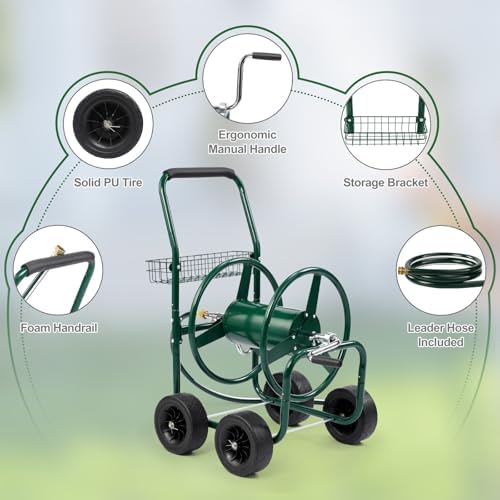VINGLI 300FT 5/8in Garden Hose Reel Cart, 4-Wheel Portable Residential Hose Reel Cart, Hose Guide System with Storage Basket, Rust Resistant, for Family Yard, Garden and Farm (Green) - Image 3