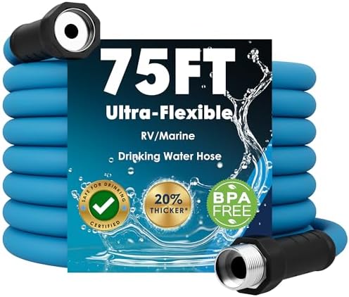 AAIN 75 FT RV Water Hose with Storage Bag, 5/8" Premium Lead‑Free Drinking Water Hose, Heavy Duty, No‑Kink Flexible Design, Ideal for RV, Camper, Truck, Garden – Blue by AainTools