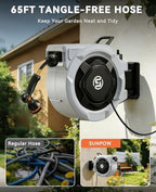 SUNPOW Retractable Garden Hose Reel - 5/8in x 65ft Heavy Duty Wall Mounted Hose Reel with 3/4in Brass Fitting & 10 Function Nozzle - Any Length Lock, Auto Rewind System, 180°Swivel Bracket - Gray - Image 2