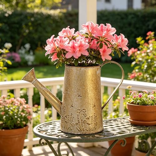 Vintage Distressed Gold Flower & Garden Watering Can, Decorative Metal Watering Pot Planter for Home Patio Backyard Outdoor Plant Care, Rustic Farmhouse Home Decor Accent by Unknown